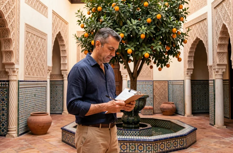 Propriétaire évaluant son riad traditionnel à Marrakech avant une vente entre particuliers