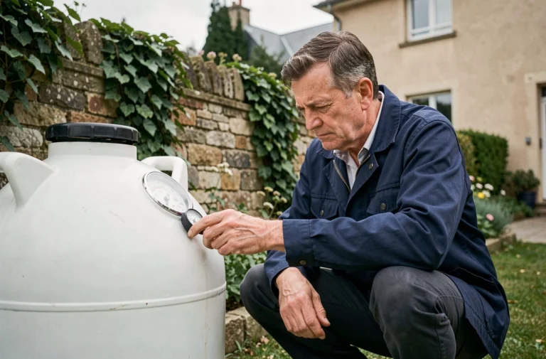 Homme vérifiant la jauge d'une cuve à fioul domestique dans un jardin de maison individuelle en France