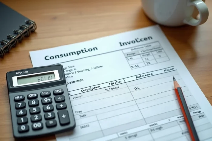 Vue aérienne d'une table avec facture de gaz et calculatrice pour conversion m3 en kWh